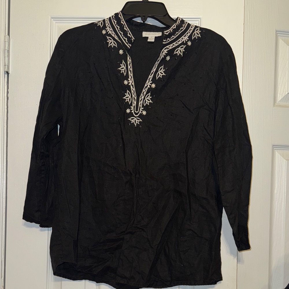 Charter Club Black Blouse with White Embroidery